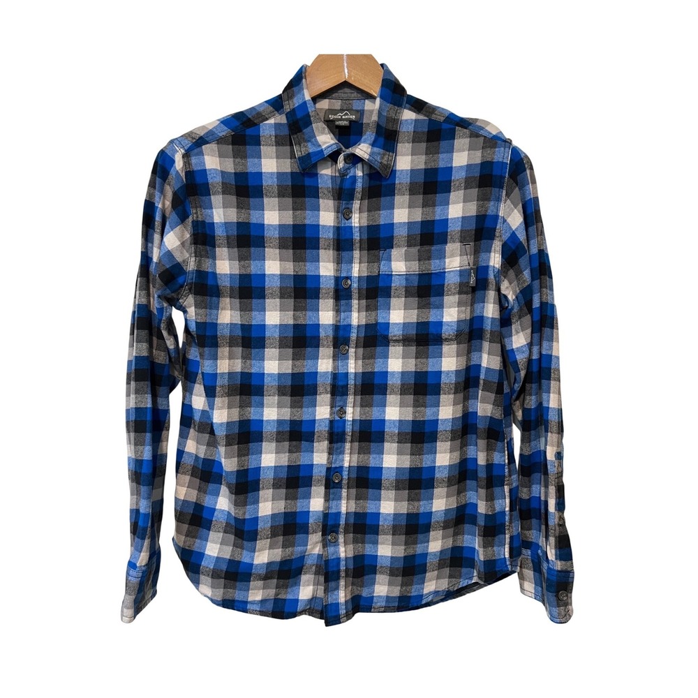 Eddie Bauer Flannel Shirt Mens Large Blue Plaid Long Sleeve EMT1379S Cotton A36